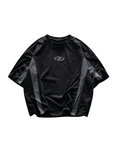 Men's Color Block Graphic Tees Crewneck Short Sleeve Drop Shoulder T Shirts Streetwear