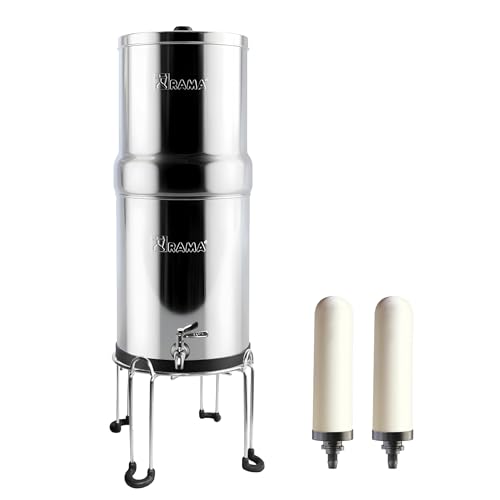 Image of RAMA Gravity Water Filter, 12L Storage (24L Total Capacity) Non-Electric Water Purifier for Home | 304 Stainless Steel Filter | 10-Year Warranty, 2 Spirit Candles, SS Tap, and SS Stand