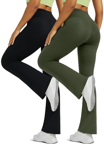 Image of Flare Leggings for Women with Pockets 2pack High Waisted Crossover Flare Leggings Bootcut Yoga Pants