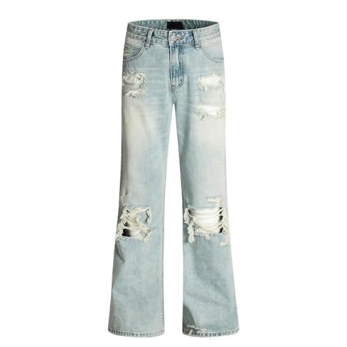 Men's Ripped Jeans with Rivets, Retro High Street, Washed Distressed Loose Wide Leg Denim Pants