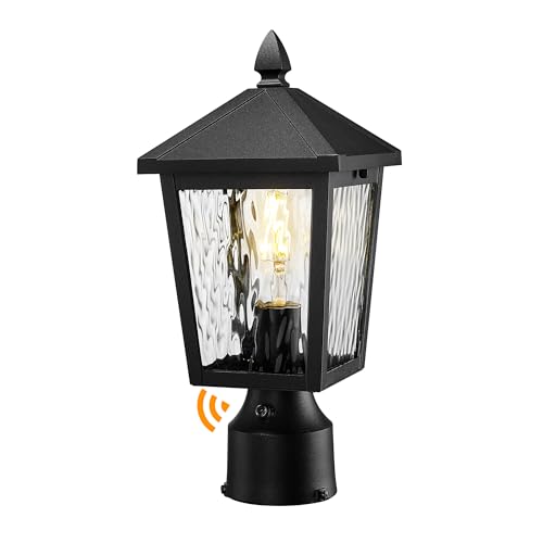 Image of zeyu Lantern Post Light Fixture with Photocell Sensor, 13.7 Inch Dusk to Dawn Outdoor Post Lighting, Exterior Pole Lighting Fixture with Water Ripple Glass, 20076PS-PC BK-WP