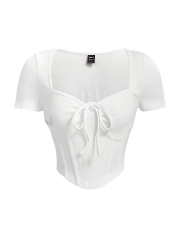 Womens White Crop Top Tieup Front Slim Fit Ribbed Corset Style Top Short Sleeve Aesthetic Casual Top for Girls-image-34