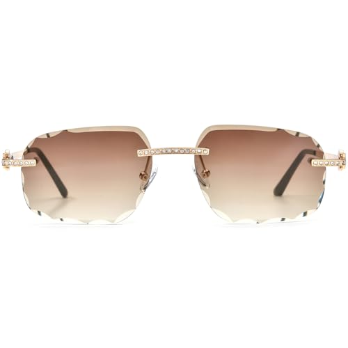 Image of HEPIDEM Rimless Rectangle Zircon Diamonds UV400 Square Sunglasses for Men with Nylon Lens