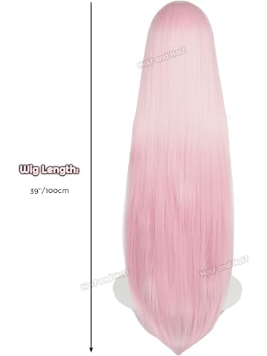 Image of Zero Two 02 Cosplay Wig & Headband 39'' Long Straight Light Pink Anime Wig | Pastel Pink Wigs with Bangs Synthetic Hair for Women Halloween Party Costumes