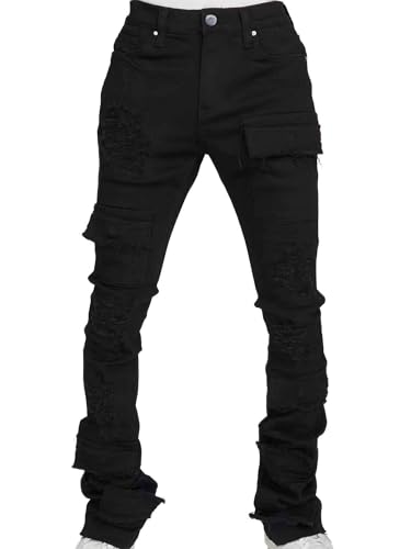 Mens Stacked Slim Fit Jeans Ripped Y2k Skinny Jeans Distressed Destroyed Stretch Hip Hop Straight Trousers