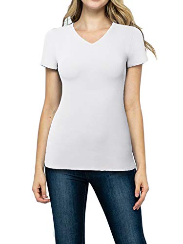 Starjj Womens Basic Active Strethcy Slim Fit Bodycon V-Neck Short Sleeve T-Shirt Top (S-Xl) White S #TOP5