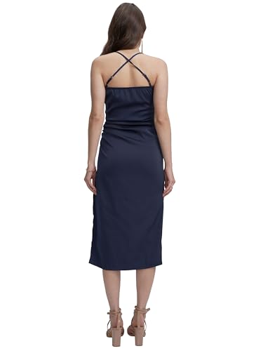 Image of Tokyo Talkies Women's Elegant Ruched Strappy Sheath Midi Dress with High Slit A Chic Statement for Evenings & Special Occasions