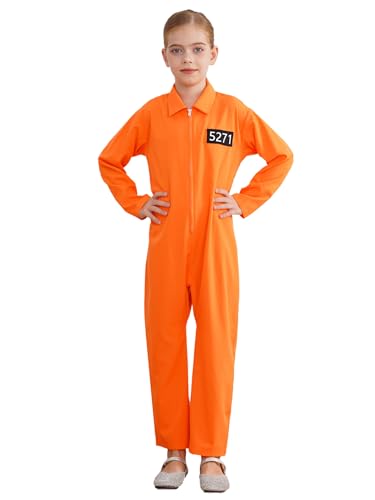 Yruioon Costume Prisonnier Enfant Garçons Filles Combinaison Prisonnier Jumpsuit Orange Détenu Tenue Prison Halloween Carnaval Déguisement 5-16 Ans Orange 13-14 ans