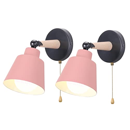 iDEGU 2 Piezas Apliques de Pared Interior con Interruptor, Moderna Lámpara de Pared Dormitorio Sencilla Iluminación E27 en Madera Metal Ajustable Luz de Pared para Salón Pasillo (Rosa Mate)