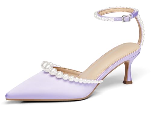 Image of Coutgo Womens Pearl Kitten Heels Closed Pointed Toe Wedding Bride Dress Shoes Ankle Strap Satin Pumps