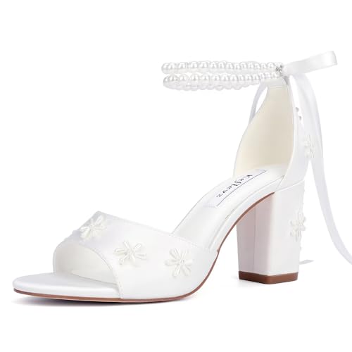 keflevz Pearl Heels Wedding Shoes for Bride Block Heel Bridal Shoes Wedding Heeled Sandals-White-8