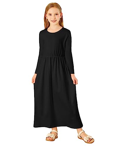  Solid Long Sleeve Casual Dresses with Pockets for Girls (6-12 Years)