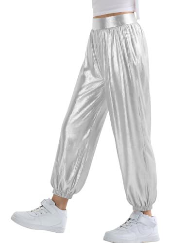 SEAUR Mädchen Metallische Hose Hip Hop Tanzhose Glänzende Jogginghose Kinder Streetwear Tanz Party Festival - 160(EU 152-158)
