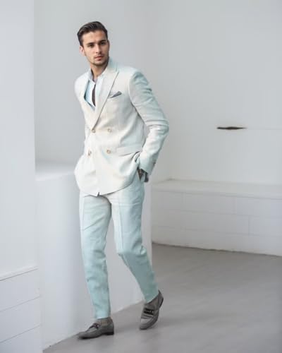 Linen Suits for Men 2 Piece Double Breasted 4 Button Tuxedos Casual Peak Lapel Blazer Pants for Business Wedding Party2