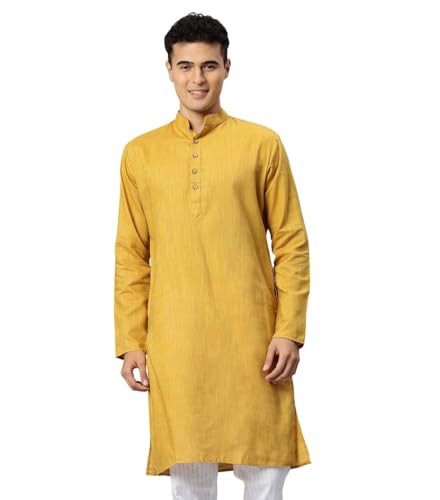 Image of Majestic Man Men's Cotton Regular Fit Traditional Mandarin Collar Ethnic Motifs Solid Long Kurta