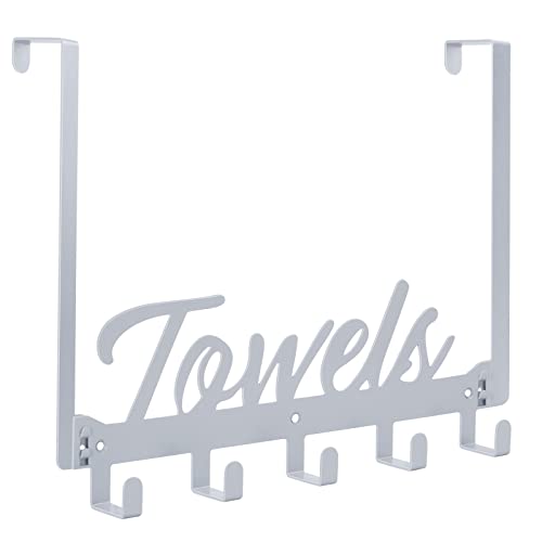 Image of Azmoncy Over The Door Hooks, Towel Rack for Bathroom & Bedroom, Heavy Duty Over Door Towel Hanger with 5 Coat Hooks, Silver