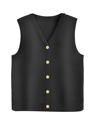 Image of Zeagoo Womens Sleeveless Sweater Trendy Knit Vest Striped Tank Tops 2025 V Neck Button Down Shirts Blouse Outfits Black XX-Large