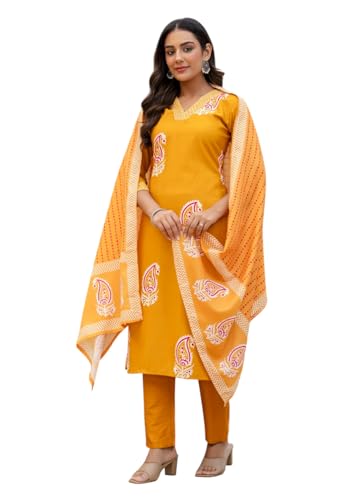Kurta Imprimé Jaune avec Pantalon et Dupatta pour Vos Soirées Thématiques et Fêtes