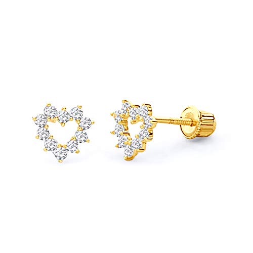 14k REAL Yellow Gold Heart Stud Earrings with Screw Back