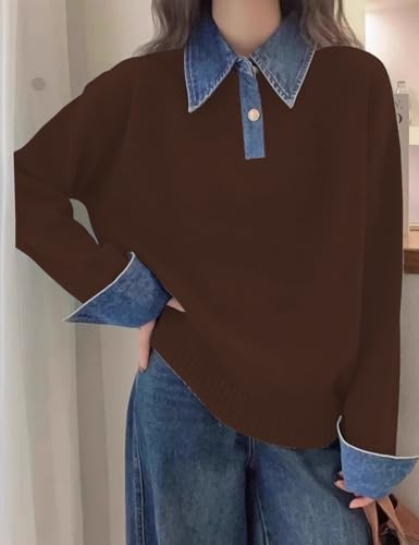 Image of Womens Denim Lapel Sweater Oversized Long Sleeve Button Down Polo Knit Pullover Sweaters 2025 Fall Outfits