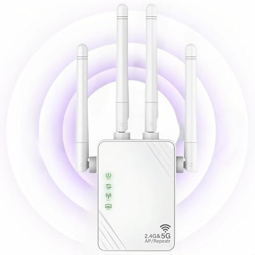 Repetidor WiFi, Extensor WiFi, Amplificador de Señal Wi-Fi 1200Mps, Wi-Fi Booster Doble Banda 5GHz y 2.4GHz, Modo Repetidor/Router/Ap, 4 Antenas, 2 Puertos LAN,Compatible Air 13-Inch Laptop with M4