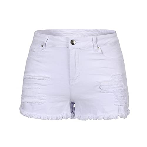 Image of THUNDER STAR Women Mid Rise Ripped Stretchy Jeans Shorts Frayed Raw Hem Casual Denim Shorts