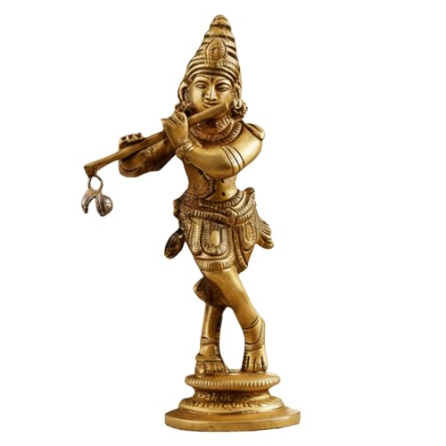 Image of 100% Pure Brass Lord Krishna Idol with Flute 12 cm | Handcrafted Shree Krishna Murti for Home Temple & Decor | Small Kanha Ji Statue for Office Desk | Spiritual Housewarming Gift