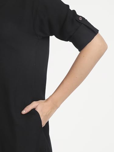 Image of Women's Roll-Up Sleeve Tunic Top, V-Neck with Button Front, Side Pockets, Rayon Short Kurti