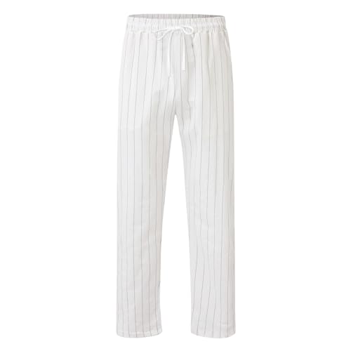 Striped Linen Pants Men Slim Fit Drawstring Dress Pants Elastic Waist Summer Lounge Pants Casual Comfy Trousers2