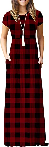 Image of EUOVMY Women's Short Sleeve Loose Plain Maxi Dresses Casual Vacation Long Dresses with Pockets