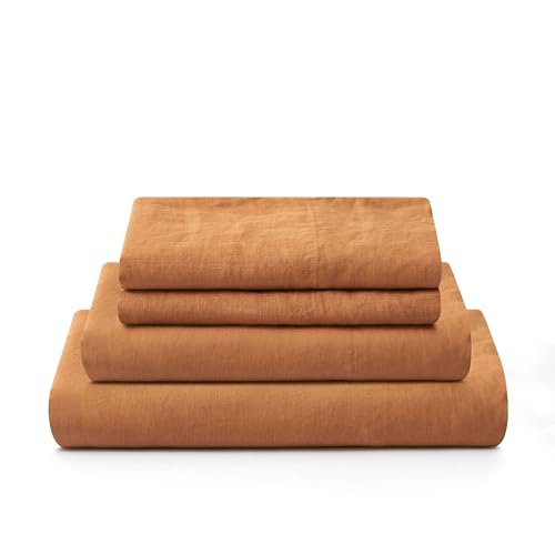 Image of ATLINIA 100% Pure Flax Linen Bedding Set - Stone Washed French Linen Fabric Deep Pocket Fitted Sheet Farmhouse Flat Sheet 2 Pillowcases (Rust, Full)