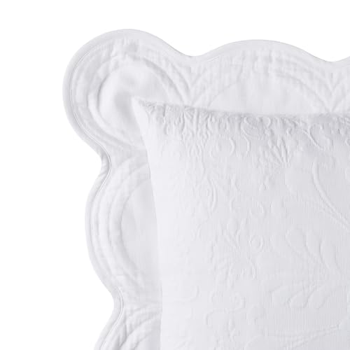 Charleston Estate Modern Farmhouse Floral Matelasse Decorative Pillowcase with Scalloped Edges, 100% Cotton Breathable Bedding, Standard Sham (20" x 26"), White Floral