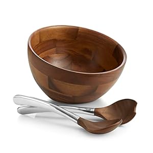 Nambe Luna Salad Bowl with Servers | 3-Pc Set | Made of Acacia Wood and Metal Alloy | Large 10-Inch Bowl | Set of 2 Serving Utensils | Designed by Steve Cozzolino