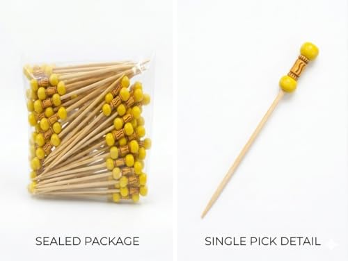 Image of Somani Decorative Bamboo Cocktail Picks Yellow Bead | Double Ball Topper Fancy Food Picks for Appetizers, Drinks & Garnish | Cafe, Lounge, Bakery, Catering & Home Entertaining | Pack of 100