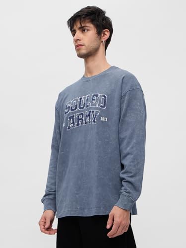 Image of The Souled Store Souled Army Men and Boys Round Neck Blue Embroidered Cotton Oversized Full Sleeve T-Shirts