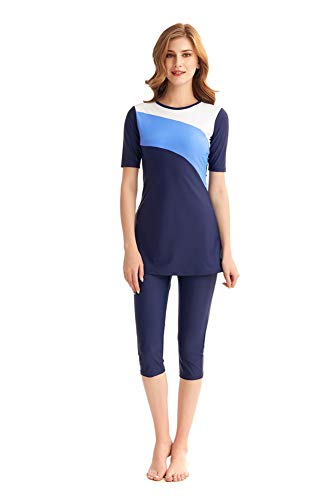 KXCFCYS Women's Modest Swimsuit Print 2 Pieces Swimwear Rash Guard Surfing Suit Short Sleeve Bikinis Navyblue