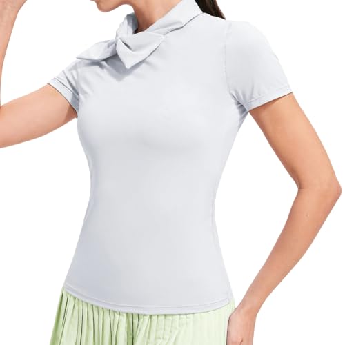 Haut de golf femme respirant col nœud papillon blanc manches courtes