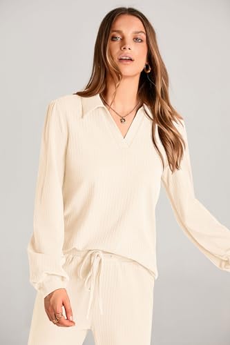 PRETTYGARDEN Womens 2024 Fall Two Piece Outfits Set Long Lantern Sleeve Lapel V Neck Pullover Tops Wide Leg Pants Sweatsuits (Beige,Medium) - Thumbnail 6
