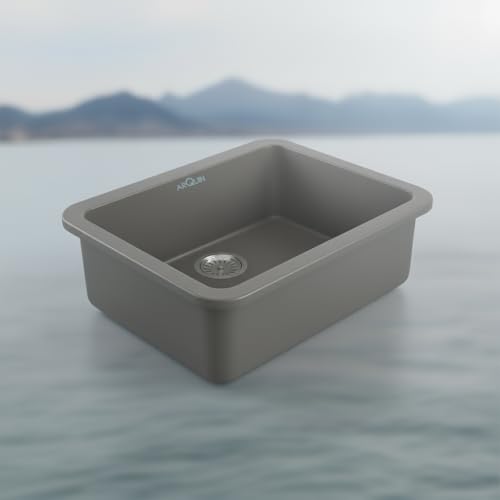 Image of ARQUIN Quartz Sink 24x18x9 Inch Grey Round Corner | Single Bowl Sink | Durable & Scratch-Resistant | Undermount /Topmount Including Coupling, Waste Pipe & Fruit Washing Basket