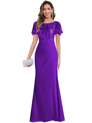 OFEYCHUN Short Sleeve Mother of Bride Dresses Formal Chiffon Sequin Evening Gown Mermaid Formal Dress for Wedding