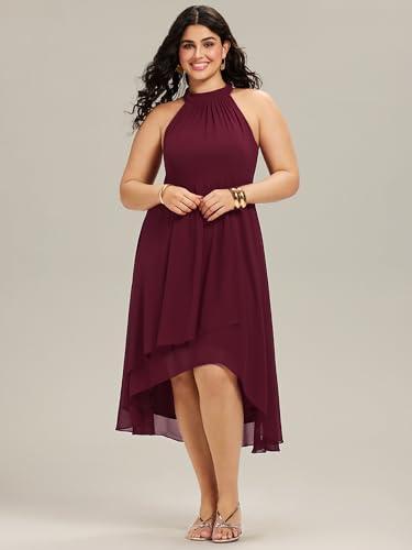 Image of Ever-Pretty Plus Women's Sleeveless Halter A Line Pleated High Low Plus Size Wedding Guest Cocktail Dresses 31926-DA