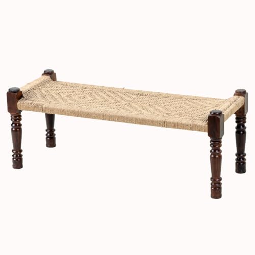 Image of Wooden Bench for Seating | Handcrafted Sheesham Wood Bench for Living Room, Balcony & Garden | Traditional Patio for Outdoor with Jute Handwoven Rope | Jute