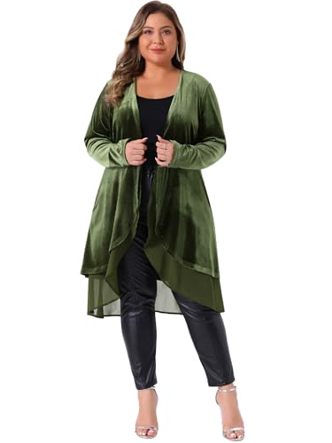 Image of Agnes Orinda Women Plus Size Ruffled Asymmetric Long Velvet Cardigan Jacket | Chiffon Ruffle Splicing Open Front Long Sleeve Irregular Hem Casual Jackets