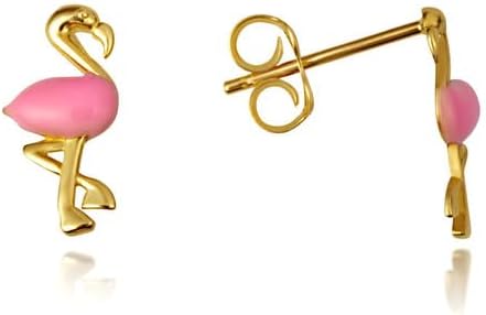 Pink Flamingo Tropical Bird Enamel Stud Earrings Real Solid 14K Yellow Gold