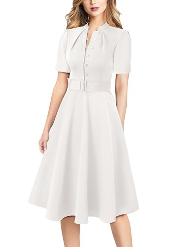 Image of VFSHOW Womens 2024 Business Work Office Pockets Belted Buttons Elegant Fit and Flare A-Line Dress