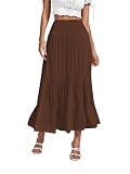 Umenlele Women's Casual Elastic High Waist A-line Pleated Flounce Ruffle Midi Long Skirt Brown Large