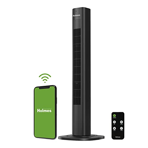 Holmes 36" Smart Wi-Fi Connected Tower Fan, Alexa Fan, Voice Control, Oscillation, Digital Control Panel, Remote Control, 3 Speed Settings, 3 Modes, 15-Hour Auto-Shut Off Timer, Black Finish #TOP3