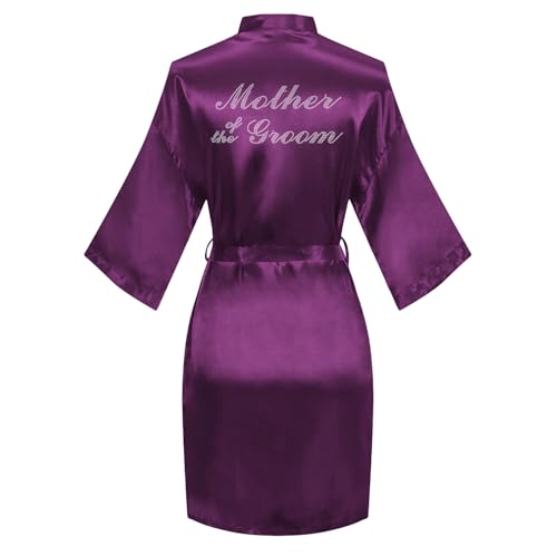 Image of Women's Bride Bridesmaid Robes Short Satin One Size Silver Rhinestones Wedding Party Getting Ready Sleepwear