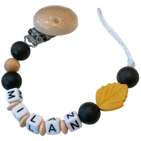 Nuckelkette mit Namen viele Modelle für Mädchen & Junge personalisierte Baby Geschenk (Blatt Senfgelb & Schwarz) Cover
