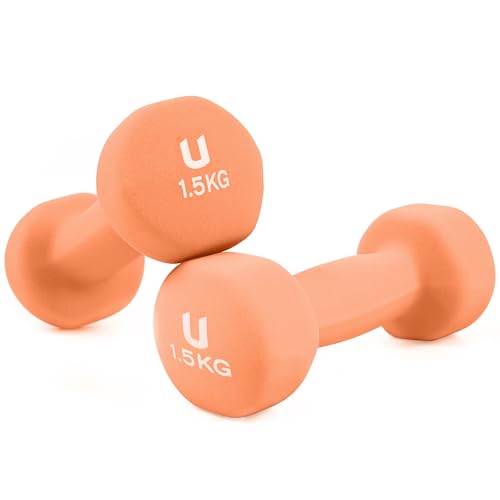 unycos - Par de Mancuernas Antideslizantes de Neopreno, Pesas【1,5 kg】Ergonómicas con Diseño Redondo y Anti-Rodadura, Resistentes, Ideales para Entrenamiento de Fuerza y Gimnasio en Casa (Salmón)
